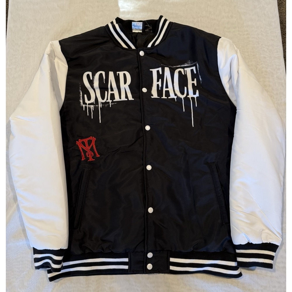 Scarface Tony Montana Varsity Jacket Black White Satin Large NWOT Never Worn